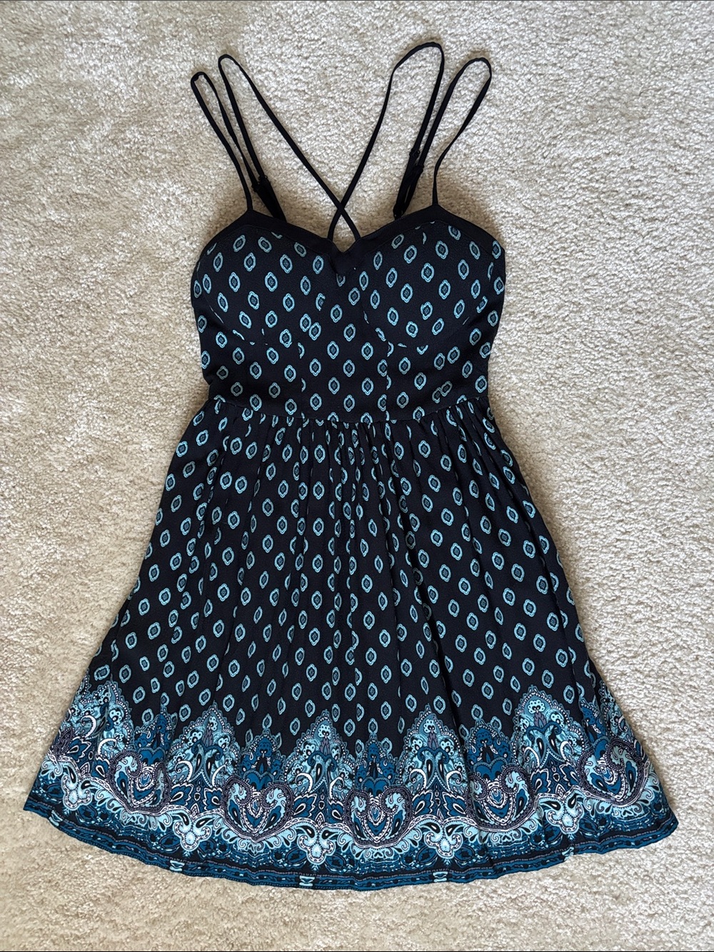 Xhilaration Black Mini Dress with Teal Pattern and Crisscross Straps